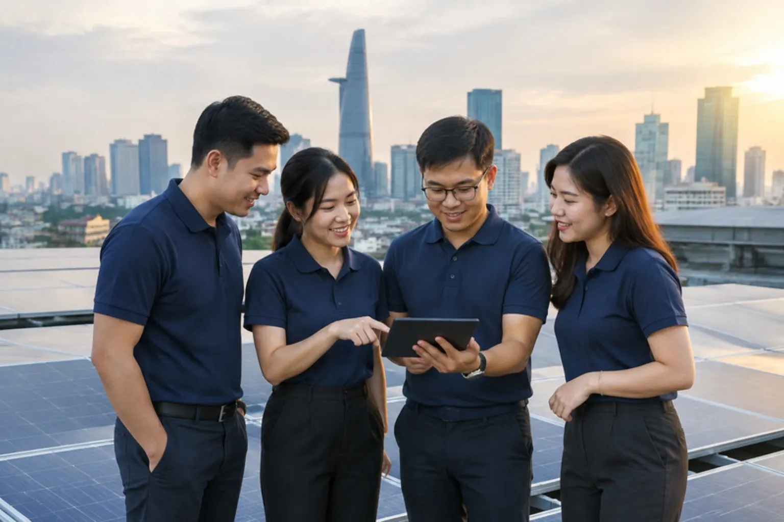 Bốn kỹ sư trẻ Solar SM thảo luận trên mái nhà lắp điện mặt trời, phía sau là TP.HCM