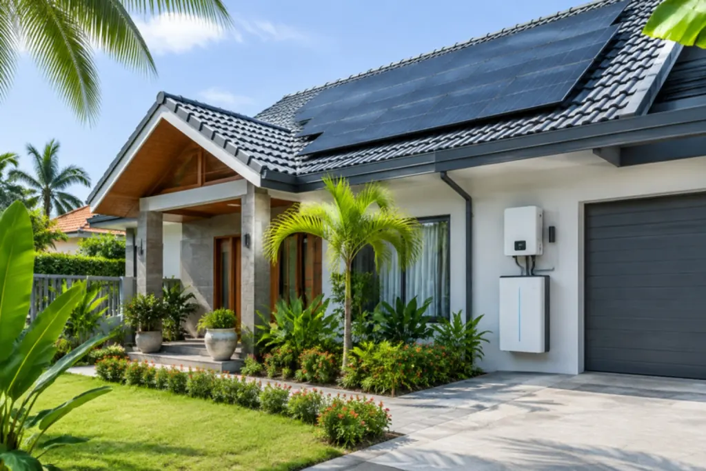 Ngôi nhà mái ngói lắp tấm pin mặt trời, inverter hybrid và pin lưu trữ gắn tường