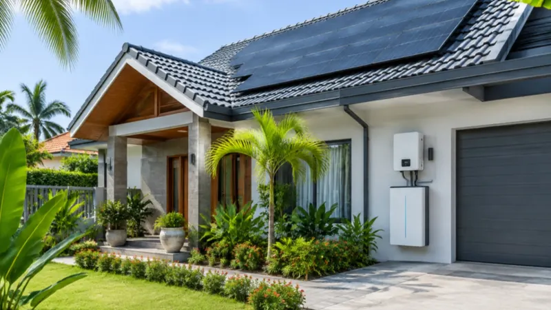 Ngôi nhà mái ngói lắp tấm pin mặt trời, inverter hybrid và pin lưu trữ gắn tường