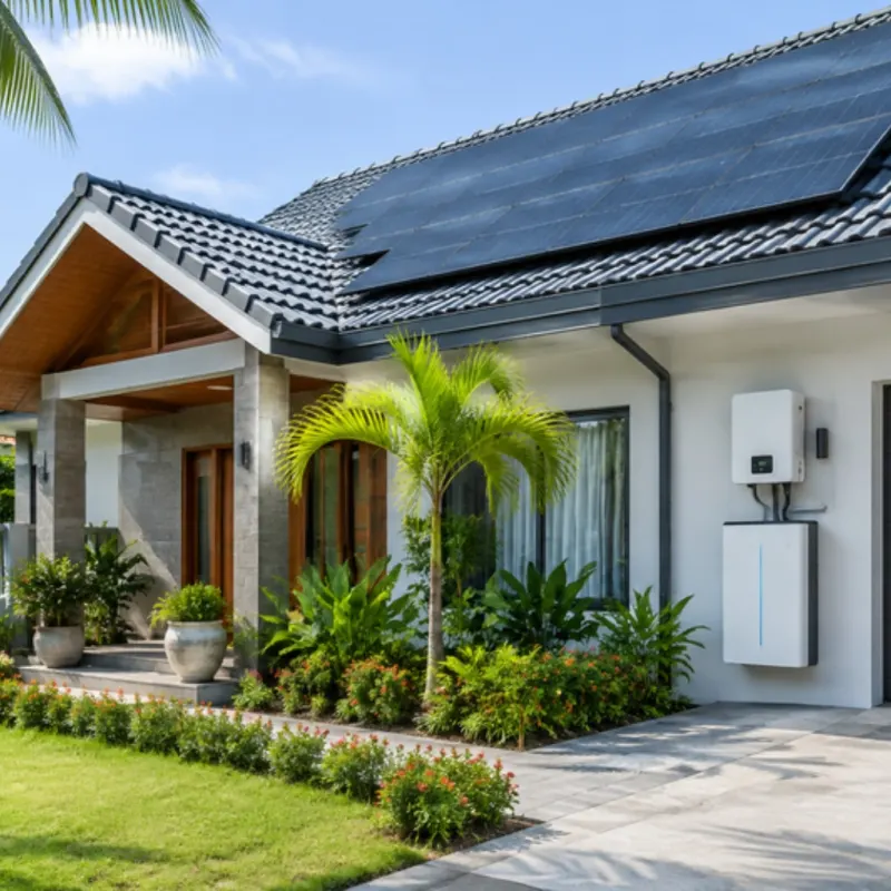 Ngôi nhà mái ngói lắp tấm pin mặt trời, inverter hybrid và pin lưu trữ gắn tường