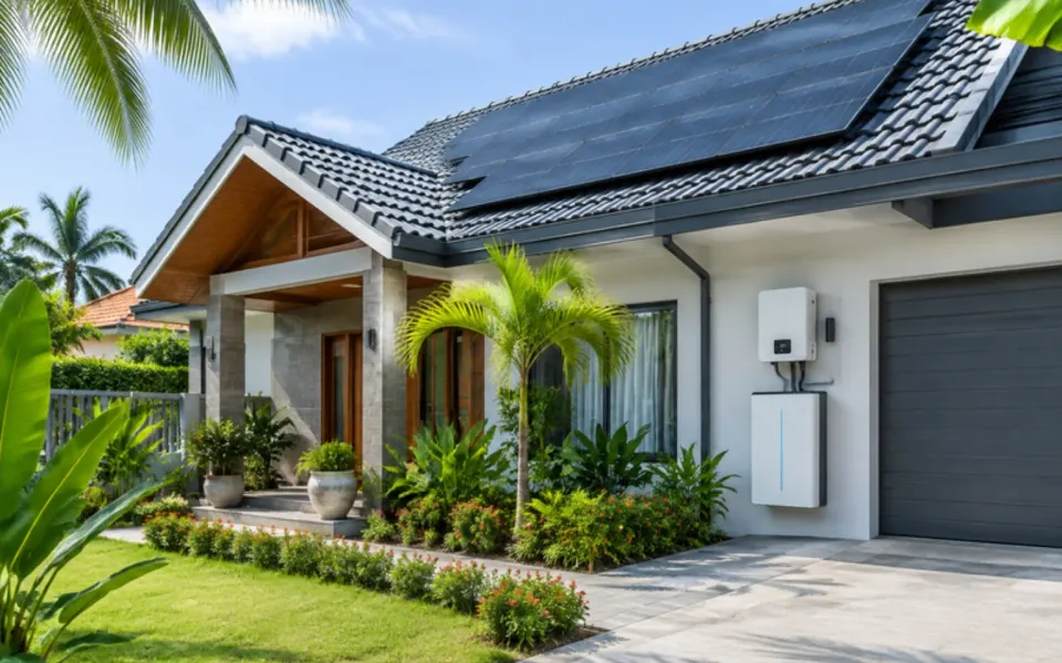 Ngôi nhà mái ngói lắp tấm pin mặt trời, inverter hybrid và pin lưu trữ gắn tường