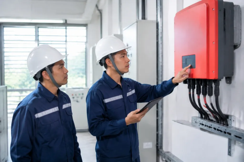 Hai kỹ sư đội mũ bảo hộ kiểm tra inverter SMA gắn tường bằng máy tính bảng